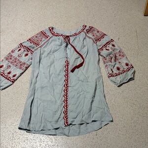 Zara Light Blue Peasant Top with Red Embroidery